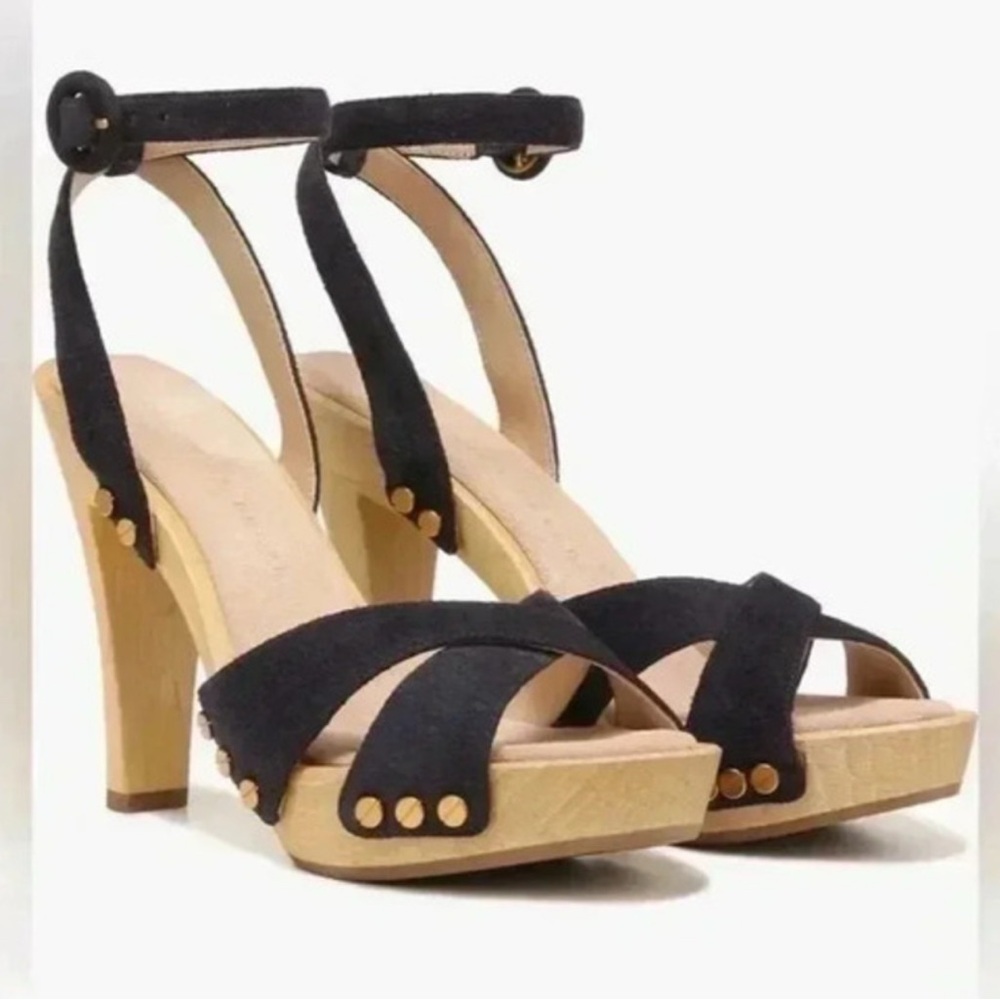 Veronica Beard Blue Suede Studded Heeled Sandals Criss Cross Ankle Strap, 7.5 - Picture 2 of 12